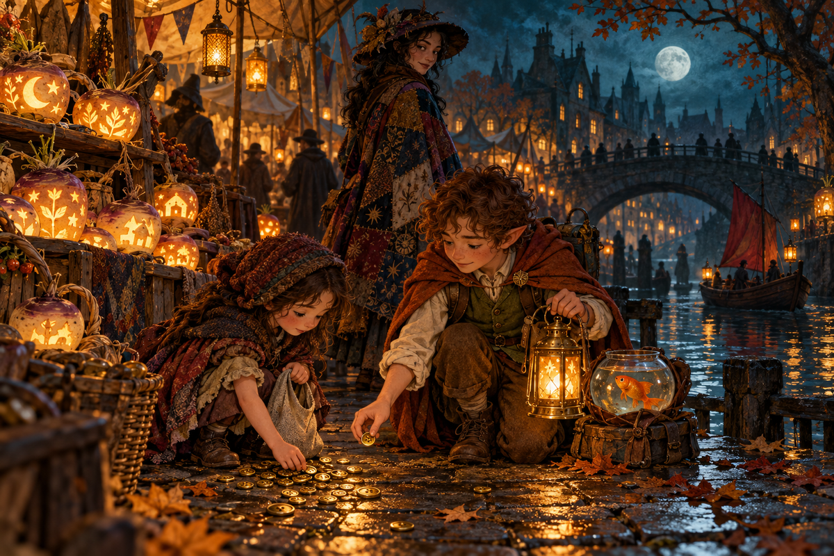 Pipkin and Puddle search for a clue at a lantern-lit autumn market.