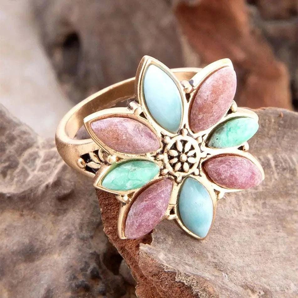 Pink Rhodonite Blue Amazonite and Green Varacite Petals Golden Statement Ring - Maven Couture IncRings
