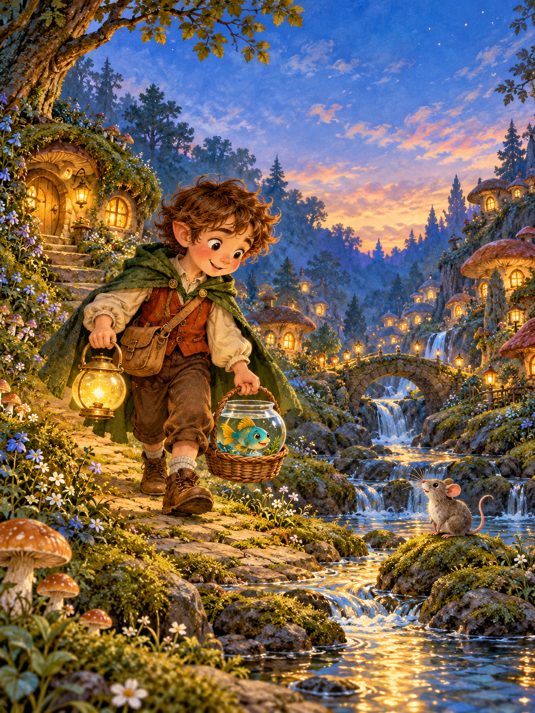 Pipkin carries Puddle the fish in a bowl and a glowing lantern through a whimsical woodland.