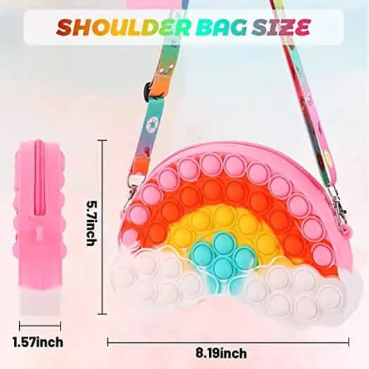 Pop-it shoulder bag size chart showing 5.7, 1.57, and 8.19 inch measurements.
