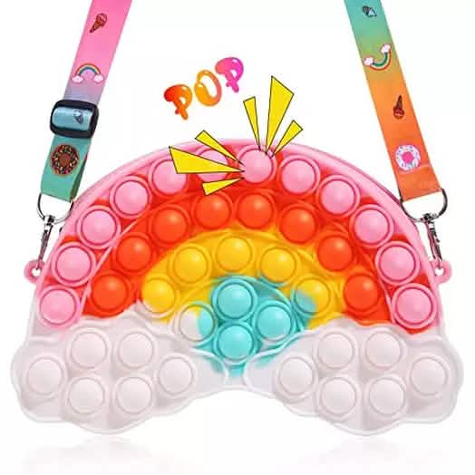 Rainbow pop-it shoulder bag shaped like a rainbow over clouds with a patterned strap.