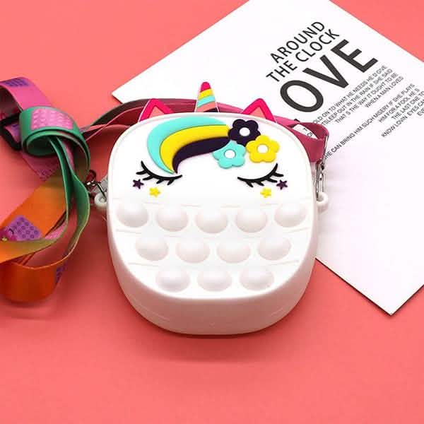 Full view of the unicorn pop-it crossbody purse