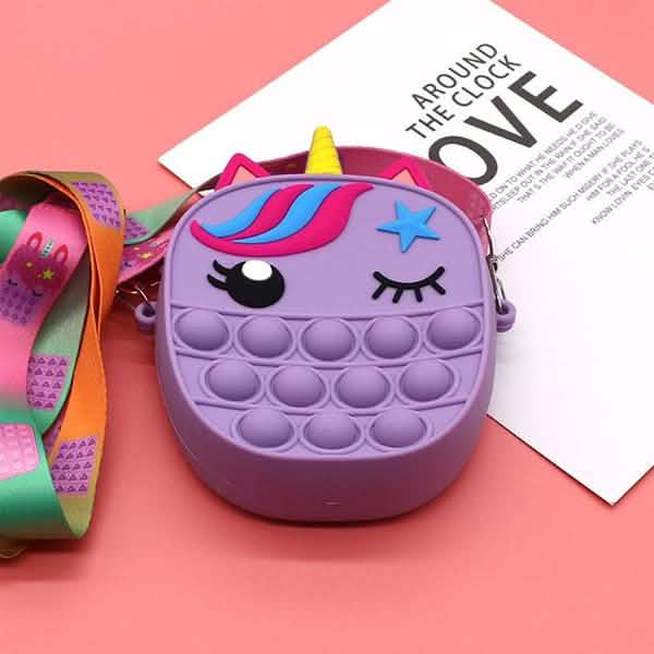Another angle of the unicorn pop-it crossbody purse