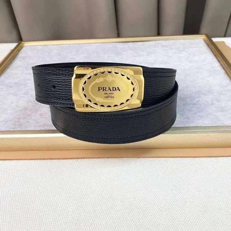 Prada Leather Belt Brushed Golden Buckle 'Black' - Maven Couture Inc