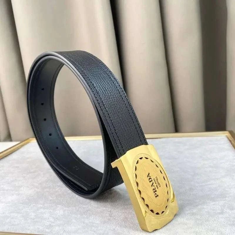Prada Leather Belt Brushed Golden Buckle 'Black' - Maven Couture Inc
