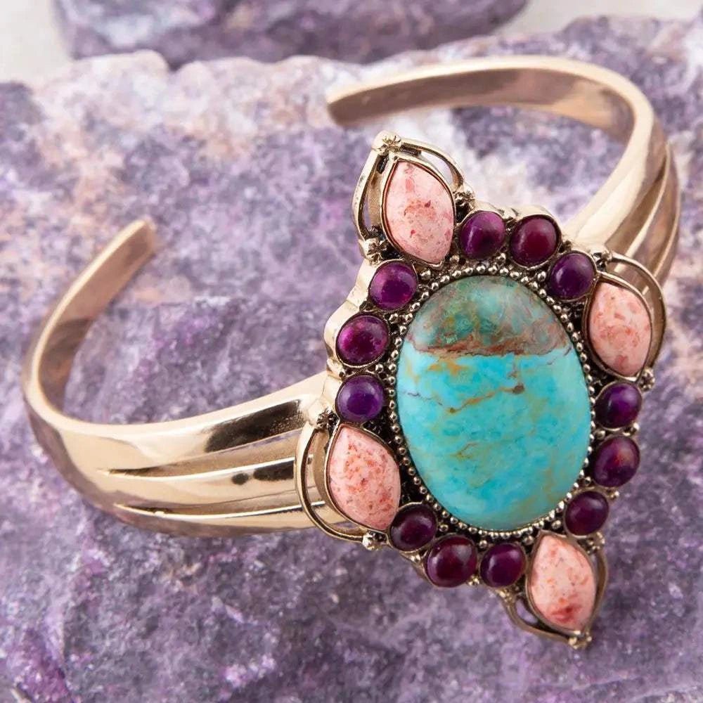 Regalia Blue Turquoise Purple and Orange Coral Golden Cuff Bracelet - Maven Couture IncBracelets