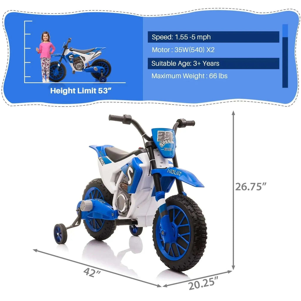 TOBBI 12V Electric Kids Ride-On Dirt Bike with Training Wheels — product photo 3 of 8