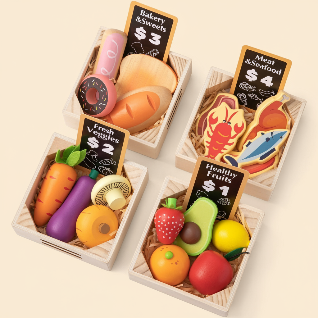 Tiny Land® Play Kitchen Accessories – Wooden Play Food for Play Kitchen: Pretend Cooking Set for Kids